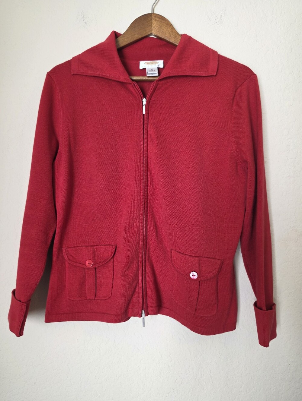 Talbots Zip Up Sweater Womens M Petite Red Double Flap Pocket 90s Y2K Academia
